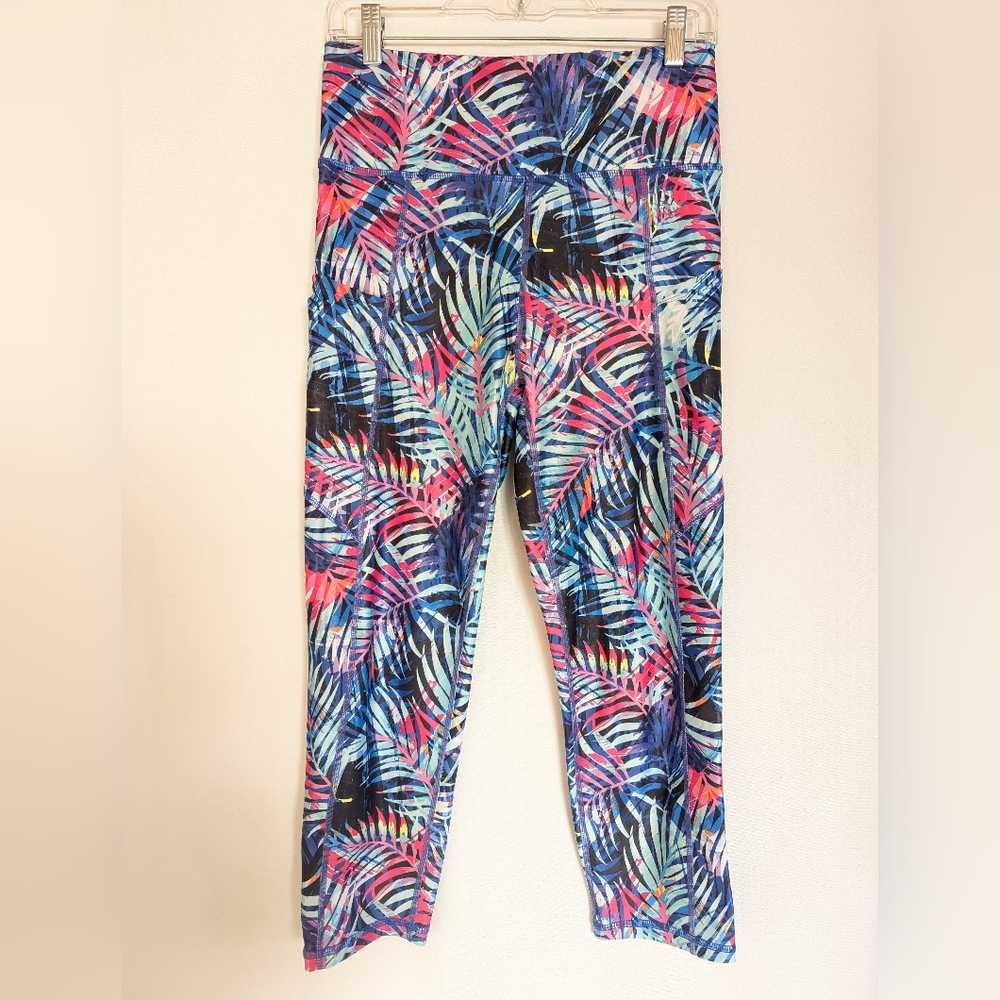 Women's Medium Workout Leggings Nine West Blue Pink Tropical Print Pockets